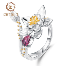 Женское кольцо с цветами GEM'S BALLET, регулируемое кольцо из серебра 925 пробы с природным родолитом и гранатом 2024 - купить недорого
