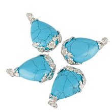 SUNYIK Blue Howlite Stone Teardrop Inlaid Flower Healing Crystal Pendant Fit Necklace 2024 - buy cheap