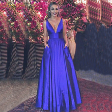 Женское вечернее платье с V-образным вырезом, темно-синее простое привлекательное атласное платье-трапеция с поясом и карманами для выпусквечерние вечера, 2020 2024 - купить недорого