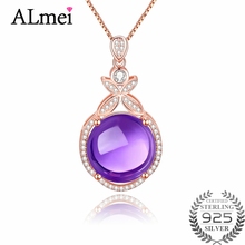 Almei roxo ametista cristal 925 prata esterlina pingente de pingente colar rosa cor de ouro feminino jóias com caixa de corrente cn064 2024 - compre barato