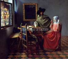 Reproducción de pintura al óleo sobre lienzo de lino, una dama que bebe y un caballero de Johnes Vermeer 100% hecho A mano, envío rápido gratis 2024 - compra barato