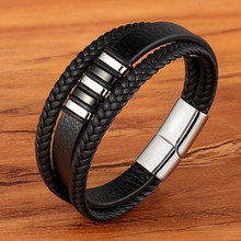 Pulsera de acero inoxidable de alta calidad para hombre, brazalete apilable en capas de cuero genuino trenzado negro, joyería de mano 2024 - compra barato