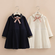 Preppy Chic Baby Kids Cute Bowtie Long Sleeve Dresses 2018 Spring Fall Girls Lapel Pleated Princess Dress Children One Piece B89 2024 - buy cheap