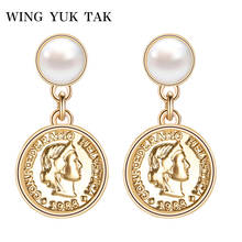 wing yuk tak Bohemian Golden Head Portrait Coin Drop Earrings For Women Boho White Imitation Pearls Earrings Hot Sales Jewelry 2024 - buy cheap