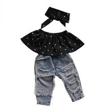 Комплект одежды для девочек, летняя черная блузка, рваные джинсовые штаны, комплект одежды для маленьких девочек, детская одежда, костюм с дырками 2024 - купить недорого