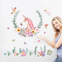 Pegatinas de pared con dibujos de unicornio, pájaro, flor para habitación de niños, dormitorio, sala de estar, póster Mural 2024 - compra barato