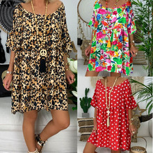 KLV Women Plus Size Retro Boho Half Sleeve O-Neck leopard Dress Summer Beach Casual Mini Dress 2024 - buy cheap