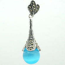 925 Sterling Silver Natural Blue Opal Round Bead Marcasite Necklace Pendant 45*12mm 2024 - buy cheap
