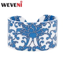 WEVENI Plastic Chinese Blue And White Porcelain Pattern Bangles Bracelets Fashion Ethnic Jewelry For Women Girl Ladies Gift Bulk 2024 - buy cheap