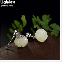 Uglyless Asian Popular Lotus Earrings for Women 100% Real Solid 925 Silver Ball Fine Jewelry Natural White Jade Flower Earrings 2024 - buy cheap