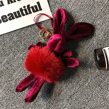 Luxury High Quality Cute Leather Animal Rabbit Keychain Mink Fur Pompom Key Ring Women Bag Charm Accessories Pendant Key Holder 2024 - buy cheap