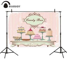 Allenjoy backdrop for photographic studio vintage fashion table different cakes Flesh pink stripe background candy bar photocall 2024 - buy cheap