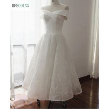 The Tea Length A-Line Wedding Dress  Beaded Lace and Highlighted An Asymmetrically Draped Portrait Neckline Custom Made 2024 - buy cheap