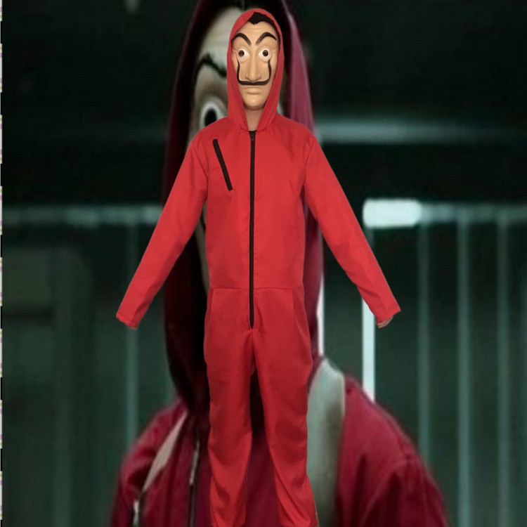 La Casa De Papel Dali Cosplay Red Hooded Jumpsuit PVC/Latex Mask Set Kid Costume