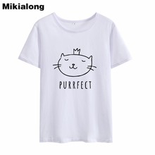 Mikialong camiseta feminina de algodão, camiseta de verão com estampa de gato e kawaii, manga curta, preto e branco, casual para mulheres, 2018 2024 - compre barato