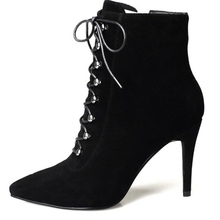 Black Suede Leather Lace Up High Heel Boots Women Pointy Toe Stiletto Heeled Short Booties Sexy Work Office Ankle Boot 2024 - buy cheap