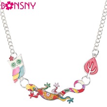 Bonsny Enamel Alloy Maxi Gecko Lizard Owl Necklace Pendant Chain Collar Choker Novelty Animal Jewelry For Women Girls Gift Party 2024 - buy cheap
