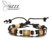 SIZZZ Multi-color accesorios de madera + Piedra natural cuerda de nylon pulseras y brazaletes ajustables para hombres 2024 - compra barato