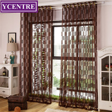 Ycentre-cortina decorativa semi-jacquard, xadrez, renda, transparente, para sala de estar, quarto, porta, tule, voile, painel, janela 2024 - compre barato