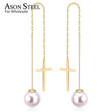 ASONSTEEL Long Line Link Chain Imitation Pearl Dangle Earrings for Women Gold Color Cross Earrings Female Bijoux Pendientes 2024 - buy cheap