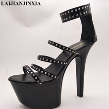 Laijianjinxia novo preto sapatos de plataforma mulher bombas 17 cm saltos femininos sandálias de verão mais tamanho sapatos sexy tornozelo cinta salto alto 2024 - compre barato