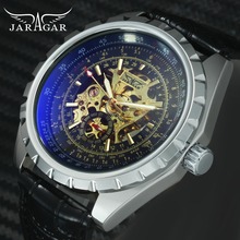 JARAGAR-Reloj de pulsera automático para hombre, cronógrafo mecánico de lujo, con correa de cuero, caja de acero plateado, esqueleto militar 2024 - compra barato