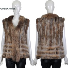 Classic Real Fashion Knitted Rabbit Fur Vest Gilet with Raccoon Fur Collar Women 2024 - buy cheap