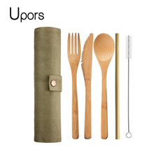 UPORS Bamboo Cutlery Set with Cutlery Bag Reusable Wooden Cutlery Fork Spoon Knife Set Tableware Nature bamboo Travel Set 2024 - buy cheap