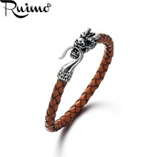 RUIMO Vintage Brown Genuine Leather Braided Men's Bracelet Jewelry 316L Stainless Steel Dragon Head Clasp Cuff Bangles For Men 2024 - buy cheap