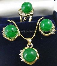 Conjunto de brincos jade verde 10mm, pingente de anel e colar * relógio banhado a ouro, pedra de quartzo cristal cz 2024 - compre barato