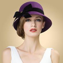 2021 Ladies Women Girls Vintage 100% Wool Felt Bowler Derby Fedora Trilby Bowknot Fedoras Hat Cap For Woman Party Wedding Fedora 2024 - buy cheap