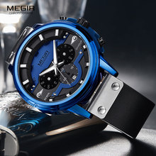 Megir relógio com novo cronógrafo masculino, de quartzo, com pulseira de couro, esportivo militar, 2019 azul 2024 - compre barato