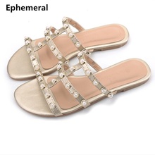 Ladies Zapatos Slippers No Heels Crystal Flats Slides Open Toe Plus Size 48 Gold Black White Women Outdoor Footwear Summer Shoes 2024 - buy cheap