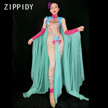 Sexy Rhinestones Big Flowers Jumpsuit Green Mesh Outfit Women's Dance Wear Stage Show Celebrate Female Singer Nude Clothing 2024 - buy cheap