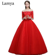 LAMYA Vintage Red Boat Neck Wedding Dresses With Short Sleeves 2019 Lace Ball Gown Vestidos De Noiva alibaba retail store 2024 - buy cheap