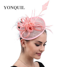 Sinamay chapéu fascinator rosa feminino cocktail casamento festa igreja chapéu estiloso chapéu pena formal acessório para cabelo syf584 2024 - compre barato