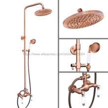 Antique Red Copper Bathroom Shower Faucet Set Double Handle 8" Rainfall Shower System with Handshower Nrg586 2024 - buy cheap