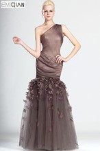 Free Shipping Stylish Mermaid One Shoulder Flowers Leaves Tulle Chiffon Evening Dress 2024 - buy cheap