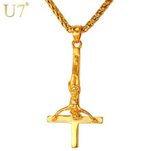 Colar invertido de cruz masculino u7, joia gótica satânica cor dourada de aço inoxidável com pingente de ferrugem 2024 - compre barato