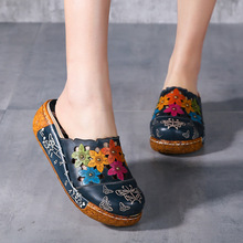 Summer Slippers Genuine Leather Shoes Handmade Flower Slides Flip Flops Platform Clogs For Women Wedges Slippers 2024 - buy cheap