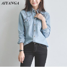 AIYANGA 2018 Spring Autumn Women Long Sleeve Denim Blouses Turn-down Collar Single-breasted Casual Jeans Shirts Fashion Tops 2024 - buy cheap