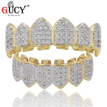 GUCY Hip Hop Teeth Grillz Top & Bottom All Iced Out Grills Dental Vampire Fang Caps Party Jewelry Halloween's Gift 2024 - buy cheap