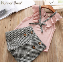Humor Bear Fashion Girls Clothing Set Summer Baby Girls Clothes Sleeveless Bow T-shirt+Plaid Button Shorts Children Clothes 2024 - buy cheap