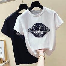 Camisa de manga curta de algodão com lantejoulas, camiseta solta casual de planeta casual, camiseta preto e branca, moda coreana 2024 - compre barato