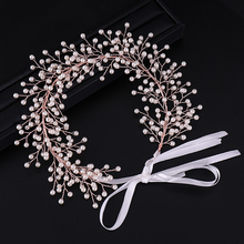 New Rose Gold Color Bridal Hair Accessories Pearl Handmade Wedding Headbands Ribbon Tiaras Hairbands Women Hair Jewelry Hot Sale 2024 - buy cheap