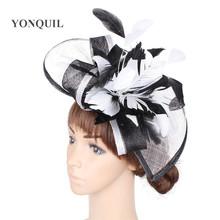 Sinamay fascinaciones dama elegante blanco más que sombrero negro de lino de gran ala ancha Vintage mujer niña boda sombreros para Misa 2024 - compra barato