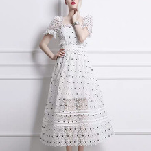 Women White Lace Dress 2019 Elegant Women Summer Puff Sleeve Polka Dot Dress Runway White Hollow Out Lace Long Party Dress robes 2024 - buy cheap