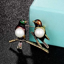 Zlxgirl Two Birds Shape Pins Colorful Enamel Imitation Pearl Animal Magpie Brooches for men Women Party Suit Clothes Accessories 2024 - buy cheap