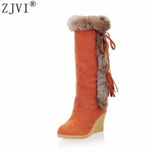 ZJVI-Botas de nieve altas hasta el muslo de nobuk para mujer, zapatos elegantes con pelos de conejo, botas de cuña alta, invierno, 2021 2024 - compra barato