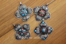 PN850 Tibetan Silver Inlaid Colorful Beads Vintage Flower Pendant Nepal Indian Antiqued Jewelry,Wholesale handmade jewely 2024 - buy cheap